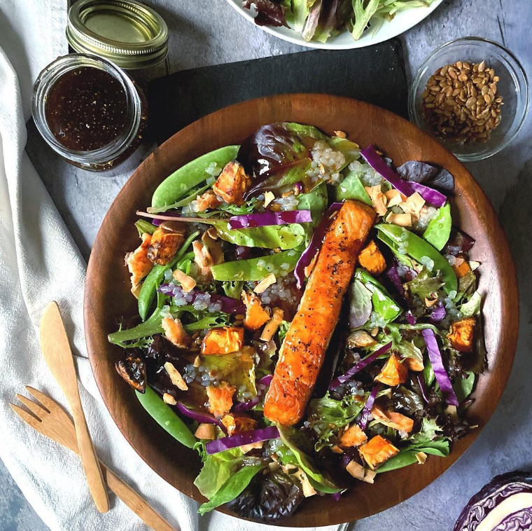 Salmon Salad with Honey Pepper Aminos Dressing