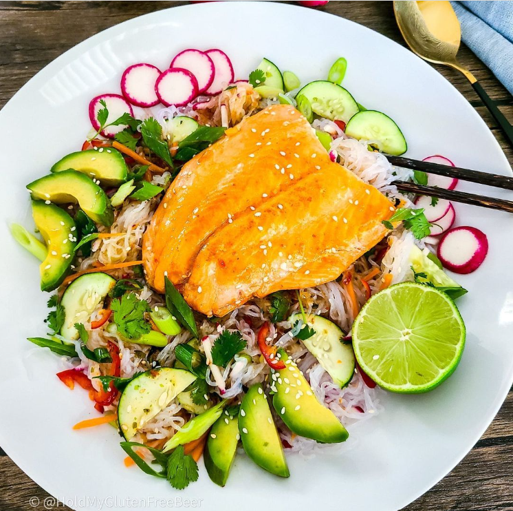 Sriracha Salmon and Low-Carb Asian Noodle Salad