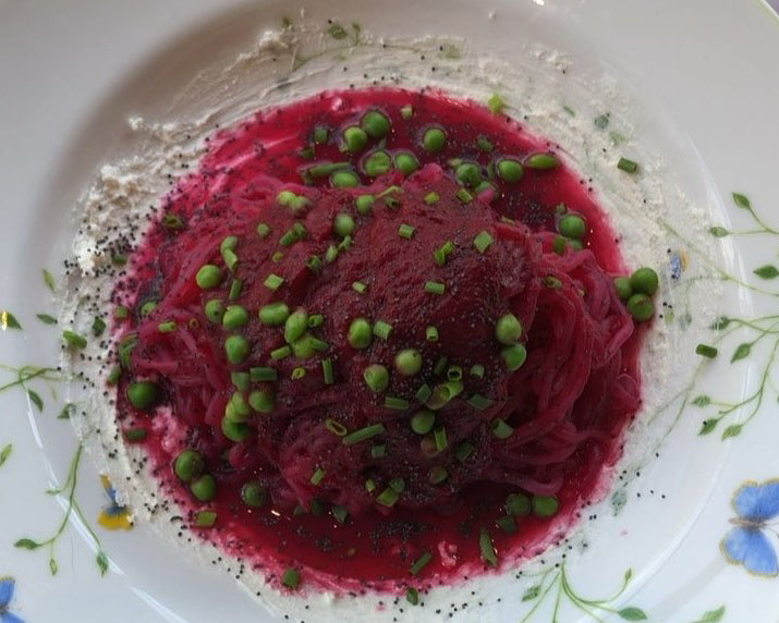 Beet Purée Pasta with Peas and Goat Cheese