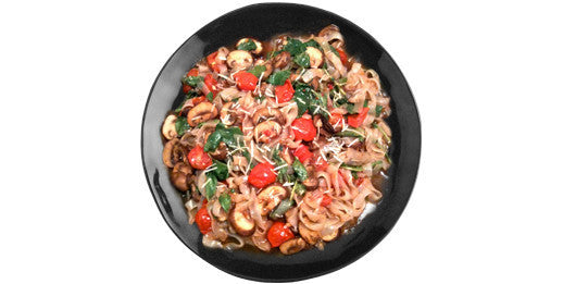 Miracle Noodle Fettuccine with Mushrooms, Cherry Tomatoes, and Watercress