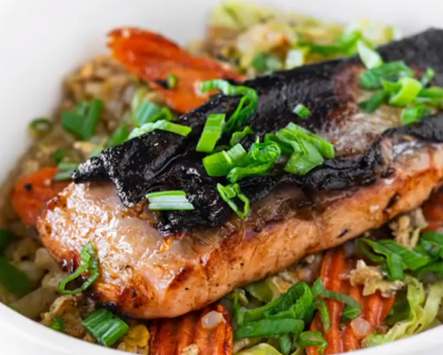 Nukayok Salmon and Stir-Fried Veggies with Miracle Noodle Rice