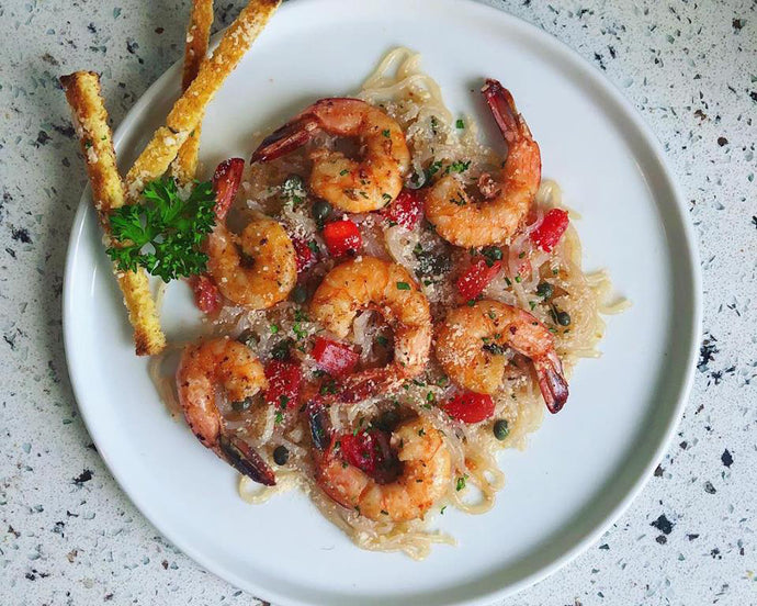 Shrimp Scampi with Almond and Parmesan Breadsticks