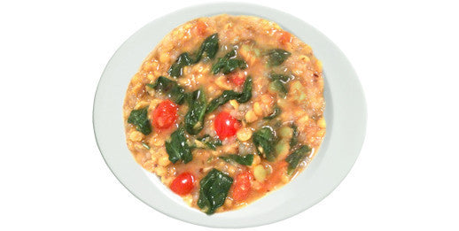 Split Pea Dal Soup with Miracle Noodle Rice, Spinach, and Tomatoes