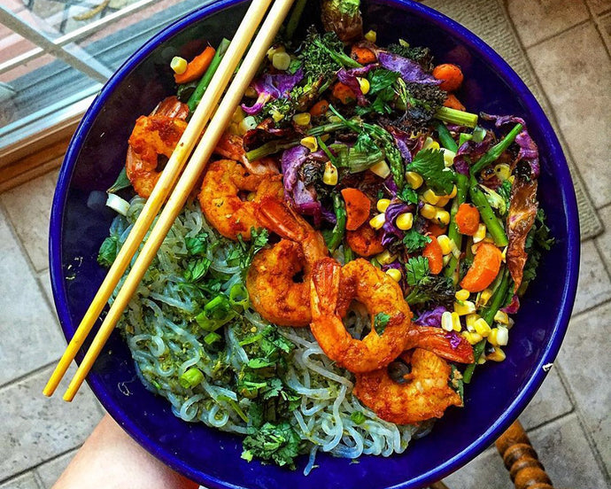 Spicy Thai Green Shrimp and Roasted Spring Vegetable Curry with Noodles