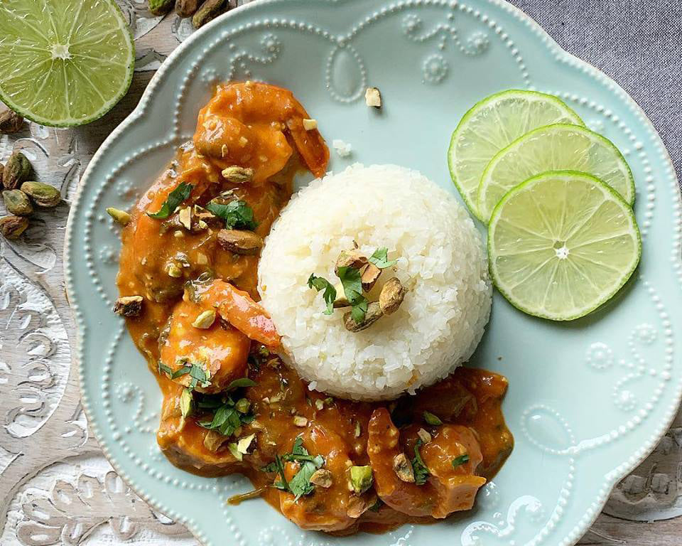 Spicy Pistachio Coconut Shrimp on Shirataki Rice